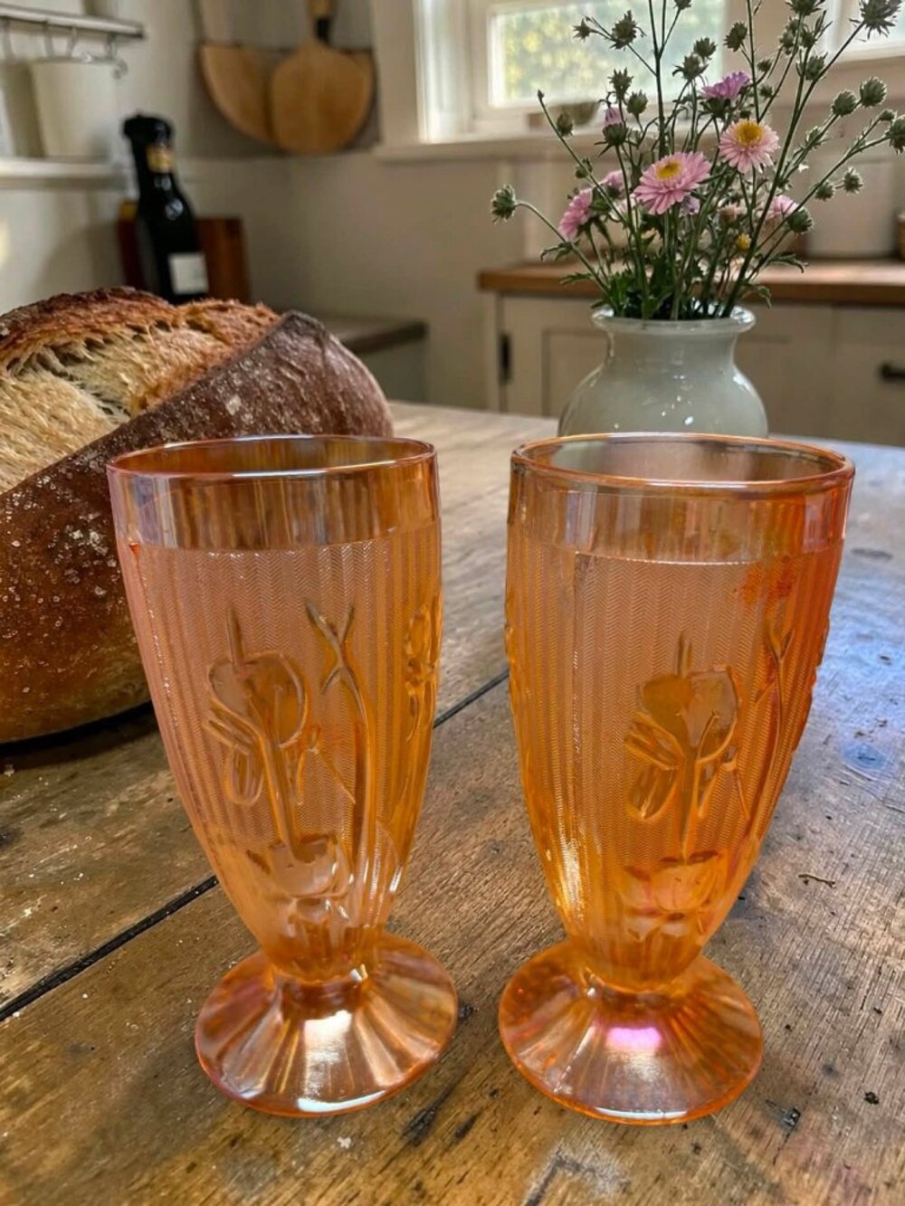 Jeanette Depression Glass Tumblers Iris & Herringbone Carnival Glass Footed